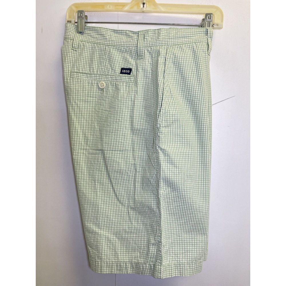 IZOD Golf Shorts Mens 36 Green White Gingham Plaid Check 10" Inseam Cotton‎